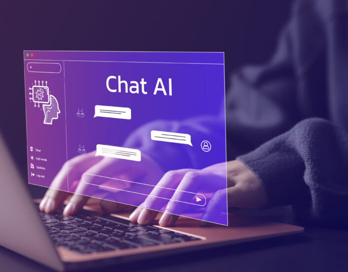 Chat Bot Chat with AI or Artificial Intelligence technology Woman using a laptop computer chatting with an intelligent artificial intelligence asks for the answers he wants