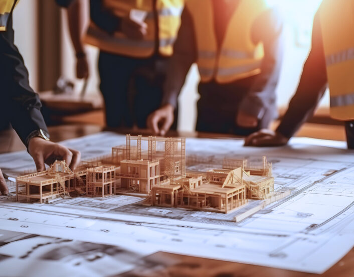 group of construction worker team working on blueprint with building model on workplace desk in office center at construction site, contractor, construction, engineering concept Generative AI