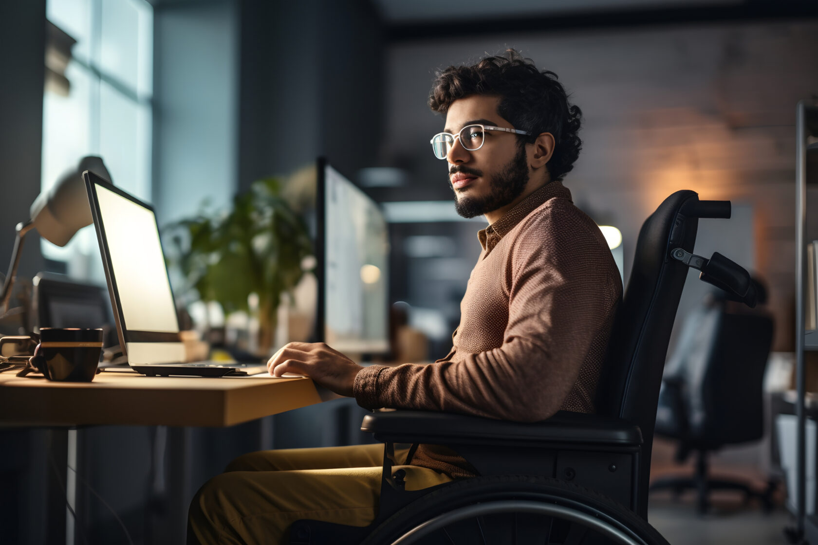 young man in eyeglasses sitting on wheelchair and working on laptop at night office ia generated